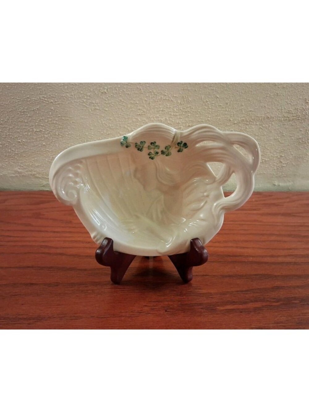 Belleek Shamrock Maiden Playing Harp Irish Porcelain Trinket Dish Tray Vintage